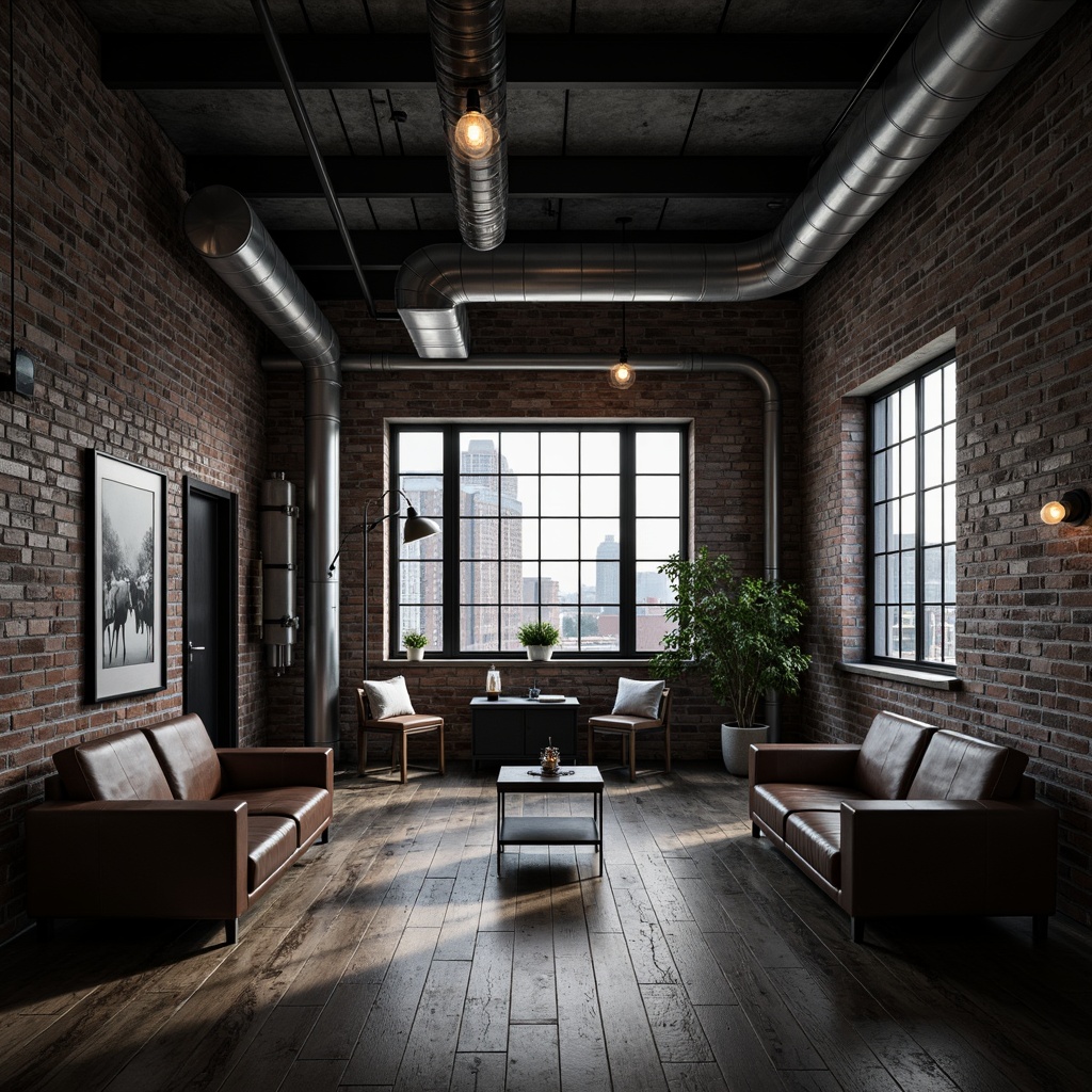 Prompt: Exposed brick walls, metal beams, reclaimed wood flooring, industrial-style lighting fixtures, urban cityscape views, modern minimalist decor, functional pipes and ducts, concrete ceilings, distressed leather furniture, vintage manufacturing equipment, Edison bulb pendant lights, steel windows, urban loft atmosphere, gritty textures, high-contrast monochromatic color scheme, dramatic shadows, low-angle photography, 2/3 composition, cinematic mood lighting.