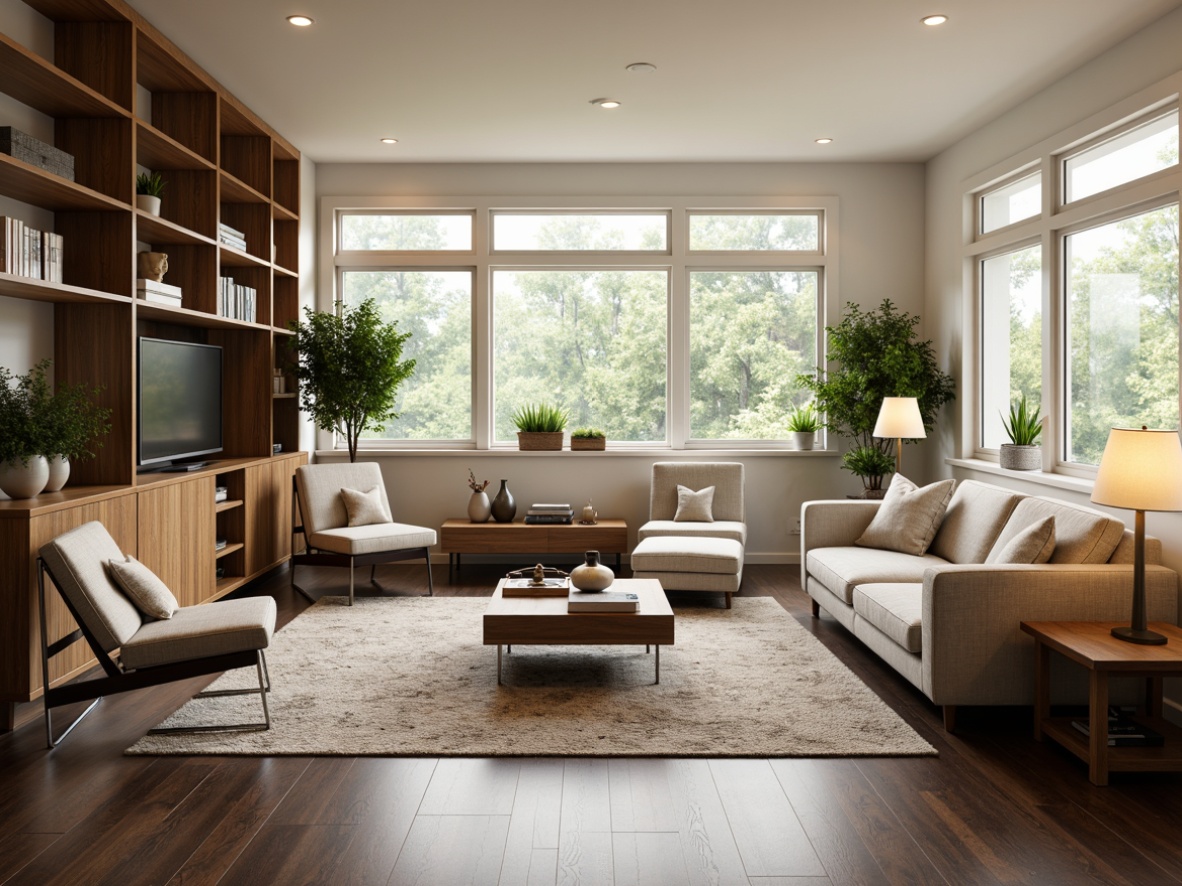 Prompt: Cozy living room, plush sofas, ergonomic chairs, wooden coffee tables, soft rugs, floor lamps, large windows, natural light, calm atmosphere, 3/4 composition, realistic textures, ambient occlusion, modern minimalist decor, cream-colored walls, dark wood accents, greenery, potted plants, bookshelves, decorative vases, comfortable reading nooks, functional storage units.