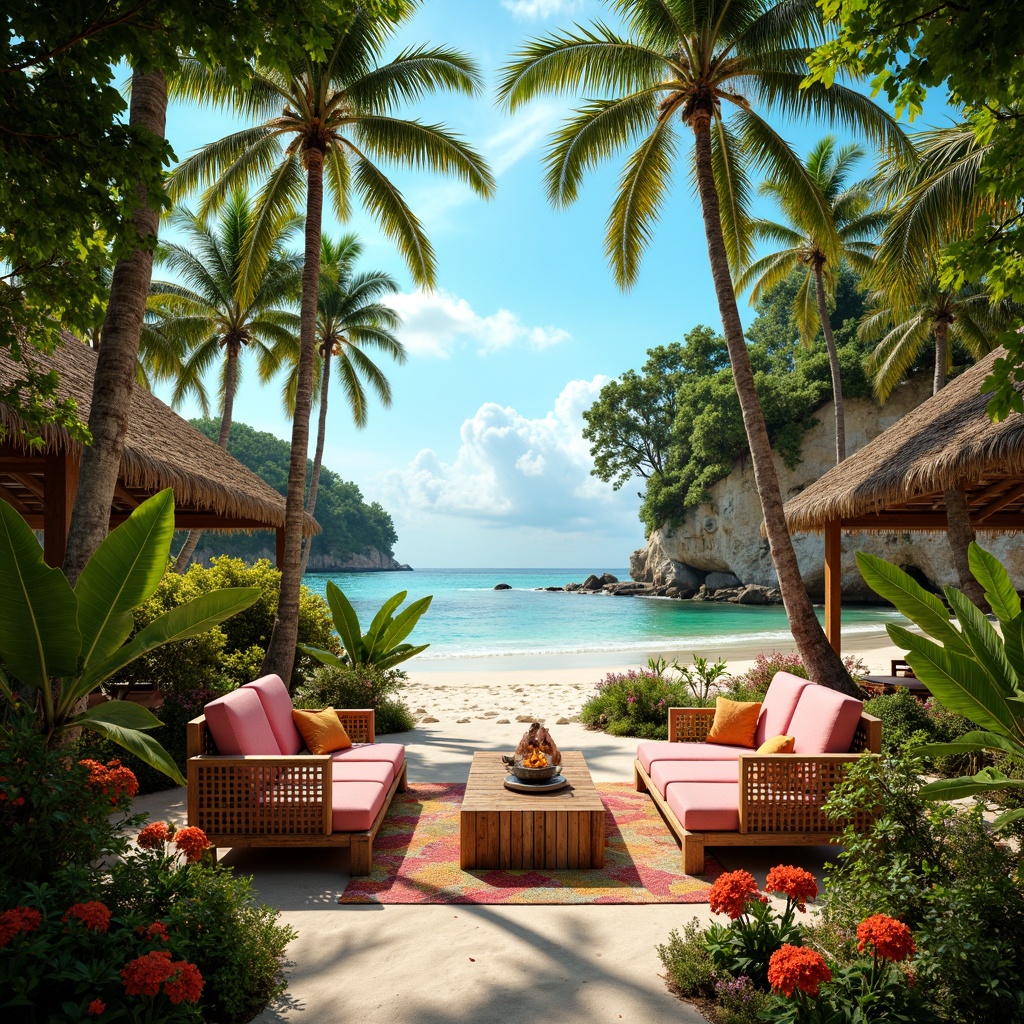 Prompt: Vibrant tropical landscape, exotic flowers, lush greenery, turquoise ocean waves, sandy beaches, swaying palm trees, bright coral reefs, colorful tiki torches, woven rattan furniture, natural wood accents, distressed finishes, eclectic global patterns, bold geometric shapes, warm sunny day, soft golden lighting, shallow depth of field, 1/1 composition, realistic textures, ambient occlusion.