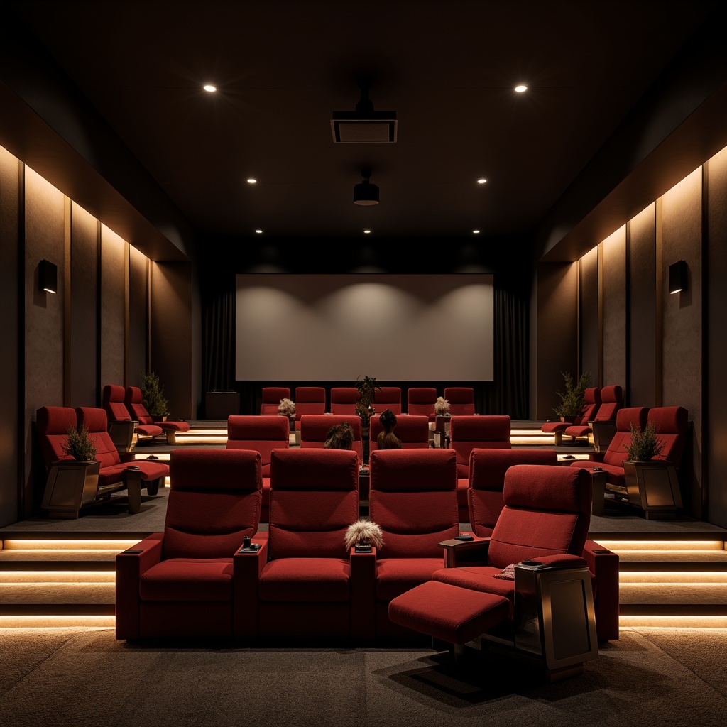 Prompt: Intimate home theater, plush reclining seats, velvet upholstery, stainless steel frames, tiered seating arrangement, optimal viewing angles, cinematic ambiance, darkened room, soft glowing floor lights, minimalist decor, acoustic panels, surround sound system, high-definition projection screen, cinematic ratio, cozy throw blankets, refreshment console, ambient lighting, shallow depth of field, 1/1 composition, realistic textures.