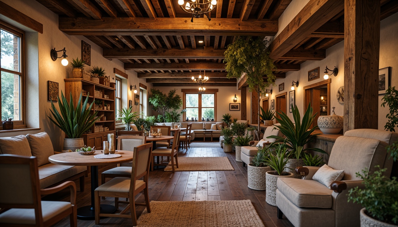 Prompt: Rustic market craftsman style interior, exposed wooden beams, earthy color palette, reclaimed wood accents, natural stone walls, distressed metal fixtures, vintage industrial lighting, cozy nooks, plush furnishings, woven textiles, natural fibers, warm candlelight, shallow depth of field, 1/1 composition, intimate atmosphere, realistic wood grain textures, ambient occlusion.