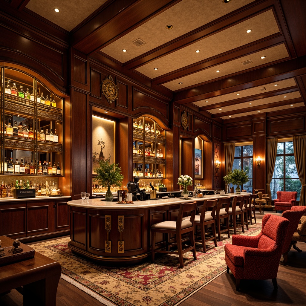 Prompt: Luxurious home bar, ornate wooden cabinets, curved lines, flowing organic shapes, stained glass doors, intricate metalwork, velvet upholstery, rich mahogany wood tones, warm golden lighting, ambient glow, scattered decorative patterns, antique bronze fixtures, ornamental mirrors, eclectic artwork, vintage spirits display, comfortable lounge seating, intimate conversational areas, 1/1 composition, soft focus, warm color palette.