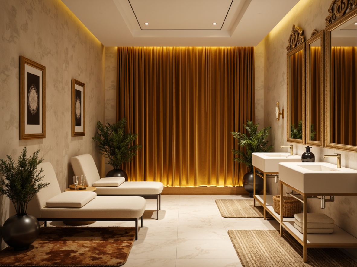 Prompt: Sleek powder room, luxurious velvet drapes, soft golden lighting, ornate mirrors, minimalist chic furniture, creamy marble countertops, polished chrome fixtures, modernist architectural lines, geometric patterned rugs, ambient warm glow, shallow depth of field, 1/1 composition, realistic textures, subtle color palette, sophisticated ambiance.