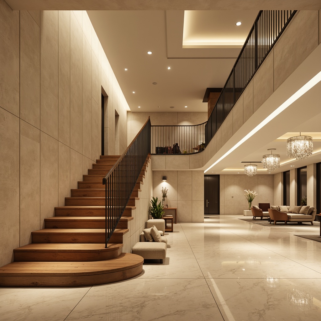 Prompt: Luxurious staircase, sleek metal railings, warm wooden steps, ambient LED strip lighting, recessed ceiling lights, minimalist design, modern architectural style, spacious open-plan layout, cream-colored walls, polished marble floors, elegant crystal chandeliers, soft warm glow, shallow depth of field, 1/2 composition, realistic textures, subtle shadows.