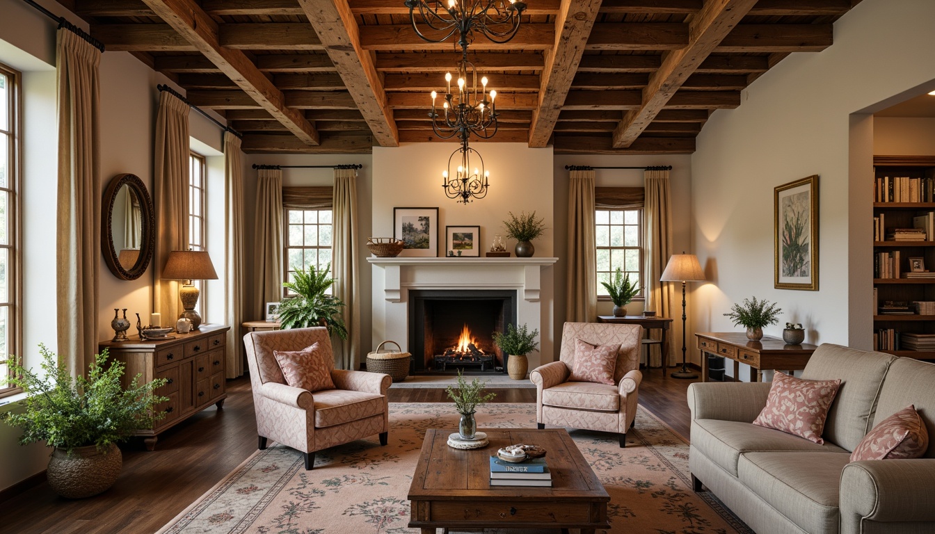 Prompt: Rustic farmhouse interiors, warm earthy tones, rich wood accents, vintage opera house charm, distressed wooden beams, reclaimed barn doors, soft creamy whites, weathered metal fixtures, natural linen fabrics, botanical prints, antique furniture pieces, ornate chandeliers, plush velvet upholstery, warm candlelight, cozy reading nooks, traditional country decor, elegant floral patterns, muted sage greens, earthy terracotta hues, soft golden lighting, 1/2 composition, intimate atmosphere, realistic textures, ambient occlusion.