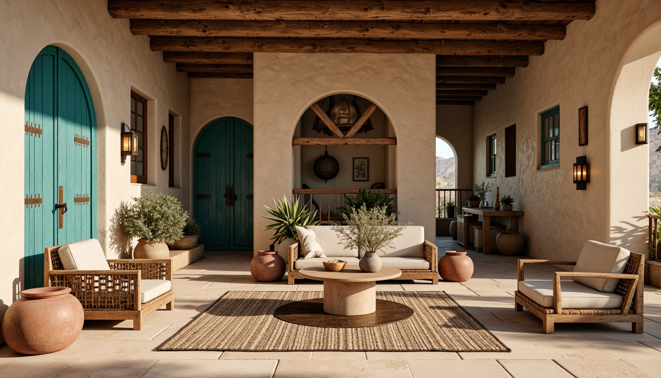 Prompt: Earthy adobe walls, distressed wood accents, rustic metal fixtures, woven wicker furniture, vibrant turquoise hues, sandy beige textures, rough-hewn stone floors, reclaimed wooden beams, natural fiber rugs, warm terracotta pottery, desert-inspired patterns, bold geometric motifs, soft ambient lighting, 3/4 composition, realistic renderings.