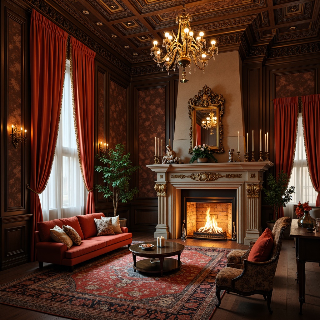 Prompt: Luxurious velvet drapes, intricately patterned silk fabrics, ornate golden accents, richly carved wooden furniture, lavish crystal chandeliers, opulent Renaissance-style upholstery, majestic stone fireplaces, grandiose high ceilings, warm candlelight, soft warm glow, shallow depth of field, 3/4 composition, realistic textures, ambient occlusion.