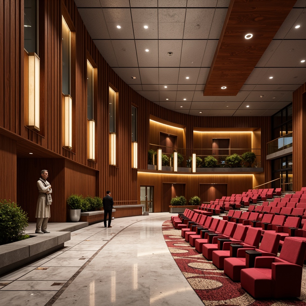 Prompt: Streamlined auditorium, Modernist architecture, curved lines, minimalist decor, polished chrome accents, rich walnut wood paneling, velvety soft upholstery, metallic silver ceiling tiles, indirect warm lighting, plush crimson carpeting, sleek glass railings, geometric patterned rugs, elegant marble flooring, sophisticated acoustic panels, modernist sculptures, subtle ambient illumination, 3/4 composition, cinematic wide-angle shot, realistic reflective surfaces.