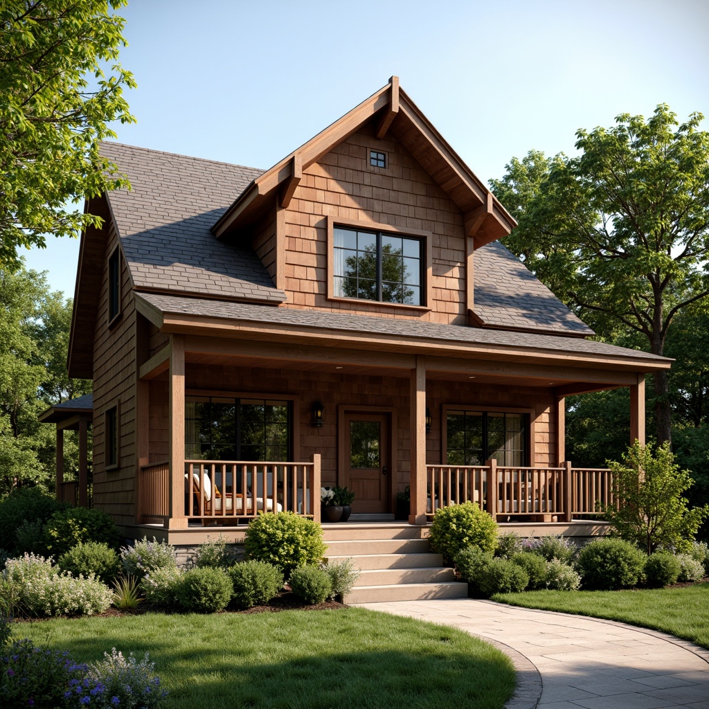 Prompt: Rustic traditional house, wooden siding, earthy brown tones, horizontal boards, exposed fasteners, natural wood textures, classic gabled roof, dormer windows, ornate trim details, cozy front porch, wicker furniture, lush greenery, blooming flowers, sunny day, soft warm lighting, shallow depth of field, 3/4 composition, realistic renderings.