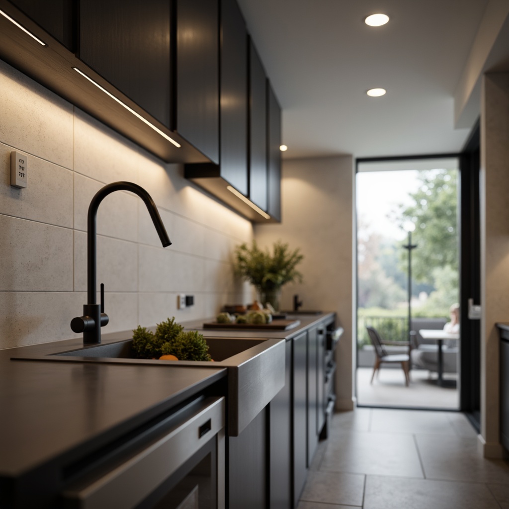 Prompt: Sleek modern kitchen, minimalist decor, stainless steel faucets, clean lines, geometric shapes, high-arc spouts, touchless sensors, matte black finishes, wall-mounted installations, undermount sinks, quartz countertops, LED lighting, soft warm ambiance, shallow depth of field, 1/1 composition, realistic reflections, ambient occlusion.