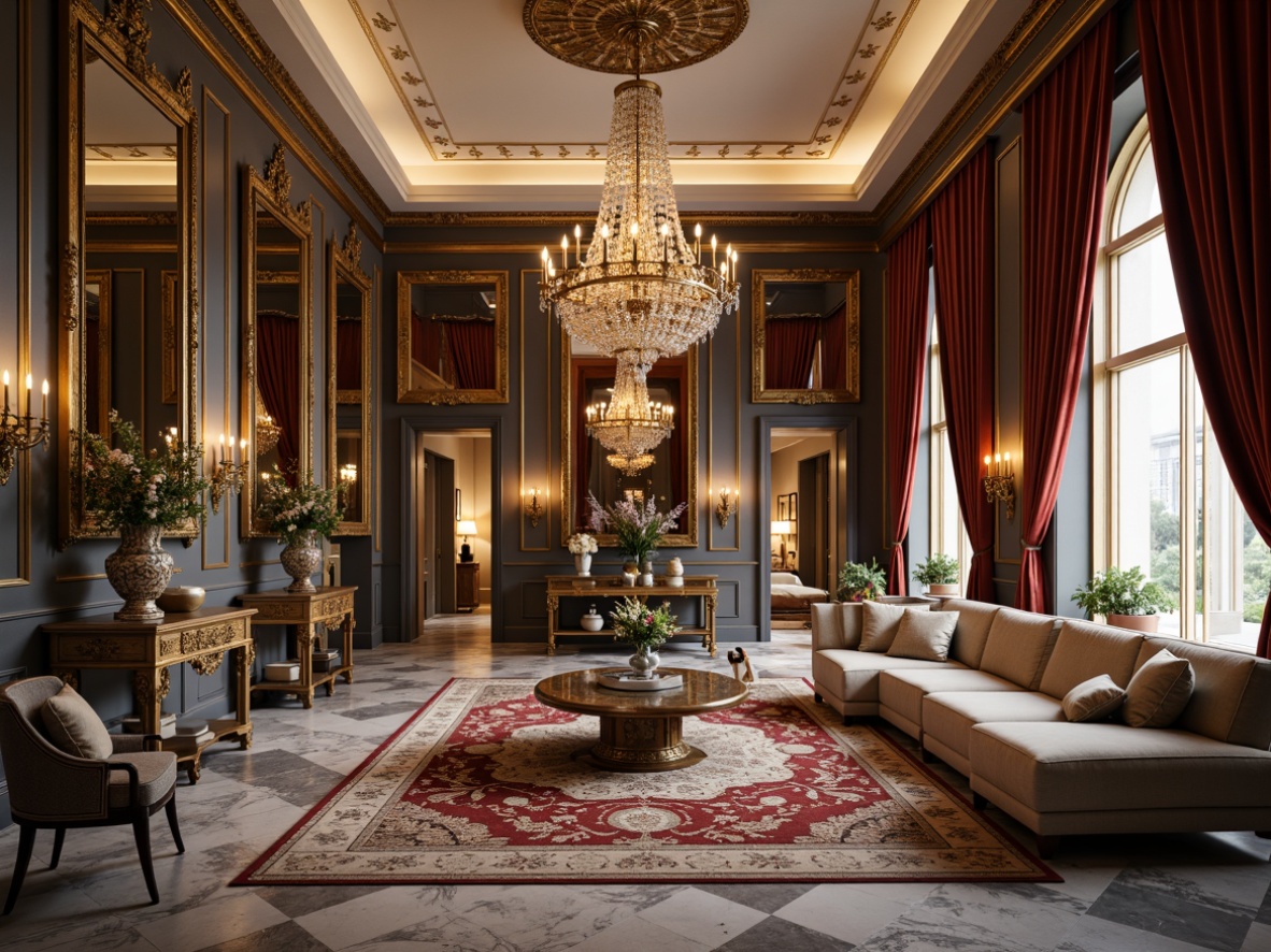 Prompt: Luxurious interior, ornate mirrors, crystal chandeliers, marble floors, velvet drapes, golden accents, plush area rugs, decorative vases, intricate patterns, lavish furnishings, opulent textiles, statement walls, elegant archways, refined moldings, sophisticated color palette, warm ambient lighting, shallow depth of field, 1/1 composition, realistic reflections.