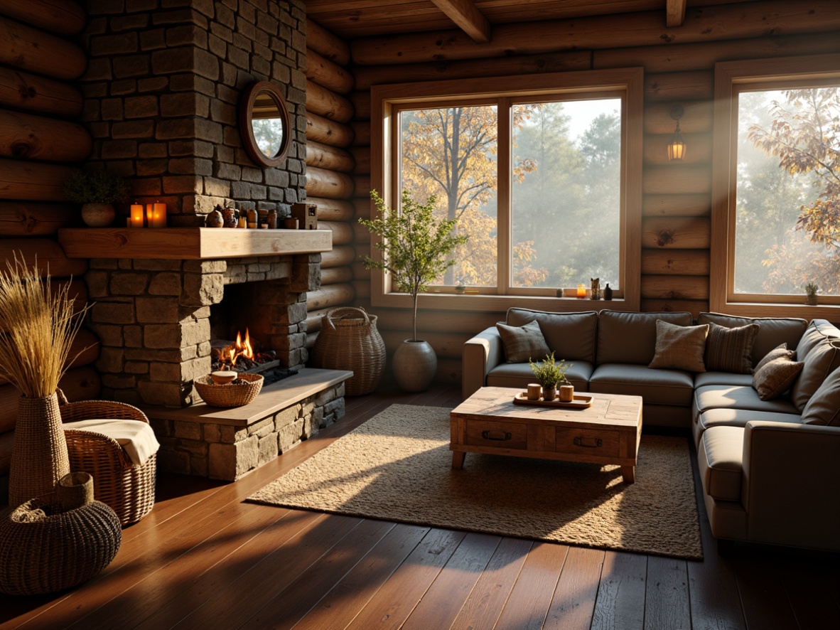 Prompt: Cozy cabin, wooden planks, rustic stone walls, earthy tones, soft candlelight, warm fireplaces, plush area rugs, woven baskets, natural fabrics, tactile elements, inviting atmosphere, autumnal forest surroundings, misty morning fog, golden hour lighting, shallow depth of field, 1/2 composition, realistic textures, ambient occlusion.