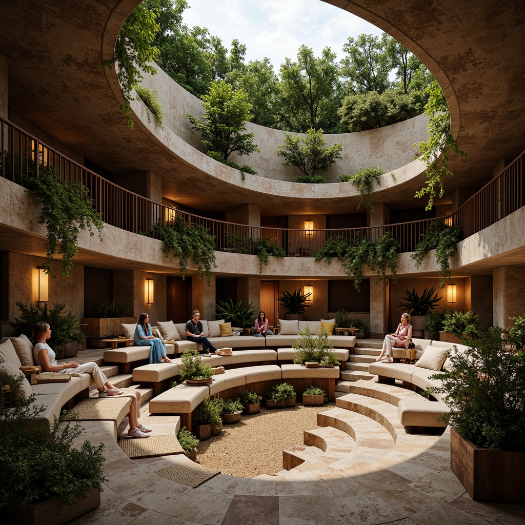 Prompt: Earthy amphitheater interior, natural stone seating, reclaimed wood accents, living green walls, organic shapes, earthy color palette, warm ambient lighting, rustic metal railings, woven bamboo flooring, natural textiles, cozy throw blankets, potted plants, botanical patterns, curved lines, acoustic panels, soft warm glow, shallow depth of field, 1/2 composition, intimate atmosphere.