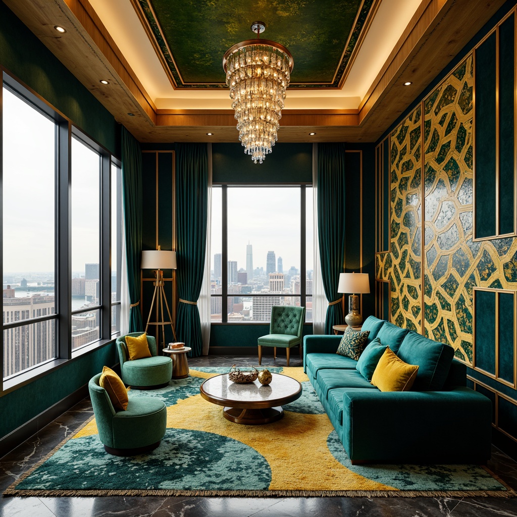 Prompt: Luxurious penthouse interior, opulent Art Deco style, rich velvet fabrics, metallic accents, bold geometric patterns, vibrant emerald green, navy blue, and chrome yellow hues, ornate furnishings, intricate inlays, marble floors, crystal chandeliers, lavish drapery, sumptuous throw pillows, luxurious area rugs, metallic thread embroidery, beaded fringe trims, sophisticated city skyline views, warm golden lighting, shallow depth of field, 1/1 composition, realistic textures, ambient occlusion.