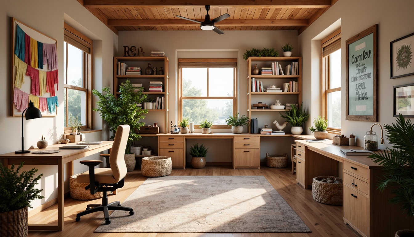 Prompt: Cozy craft room, natural wood accents, abundant storage shelves, creative workstations, ergonomic chairs, adjustable desk lamps, inspirational quotes, colorful fabric swatches, scattered art supplies, woven baskets, textured rugs, warm beige walls, large windows, soft diffused lighting, shallow depth of field, 1/1 composition, realistic textures, ambient occlusion.