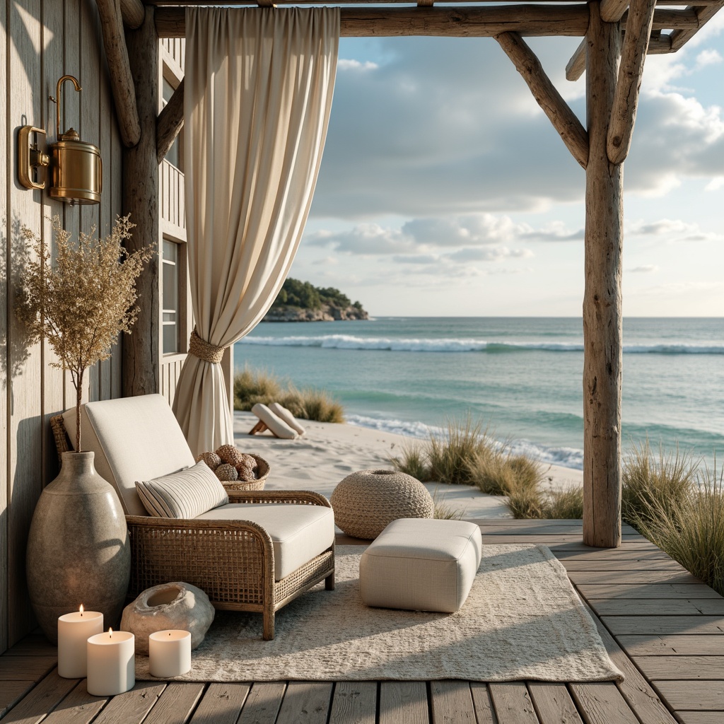 Prompt: Calming ocean views, soft sandy beaches, gentle sea breeze, driftwood accents, nautical ropes, weathered wooden planks, seashell decorations, coral-inspired patterns, soothing blue-green hues, creamy whites, warm beiges, pale turquoise, misty grays, natural linen textures, rustic metal fixtures, distressed finishes, vintage nautical elements, cozy candlelit ambiance, warm golden lighting, shallow depth of field, 1/1 composition, realistic reflections, ambient occlusion.