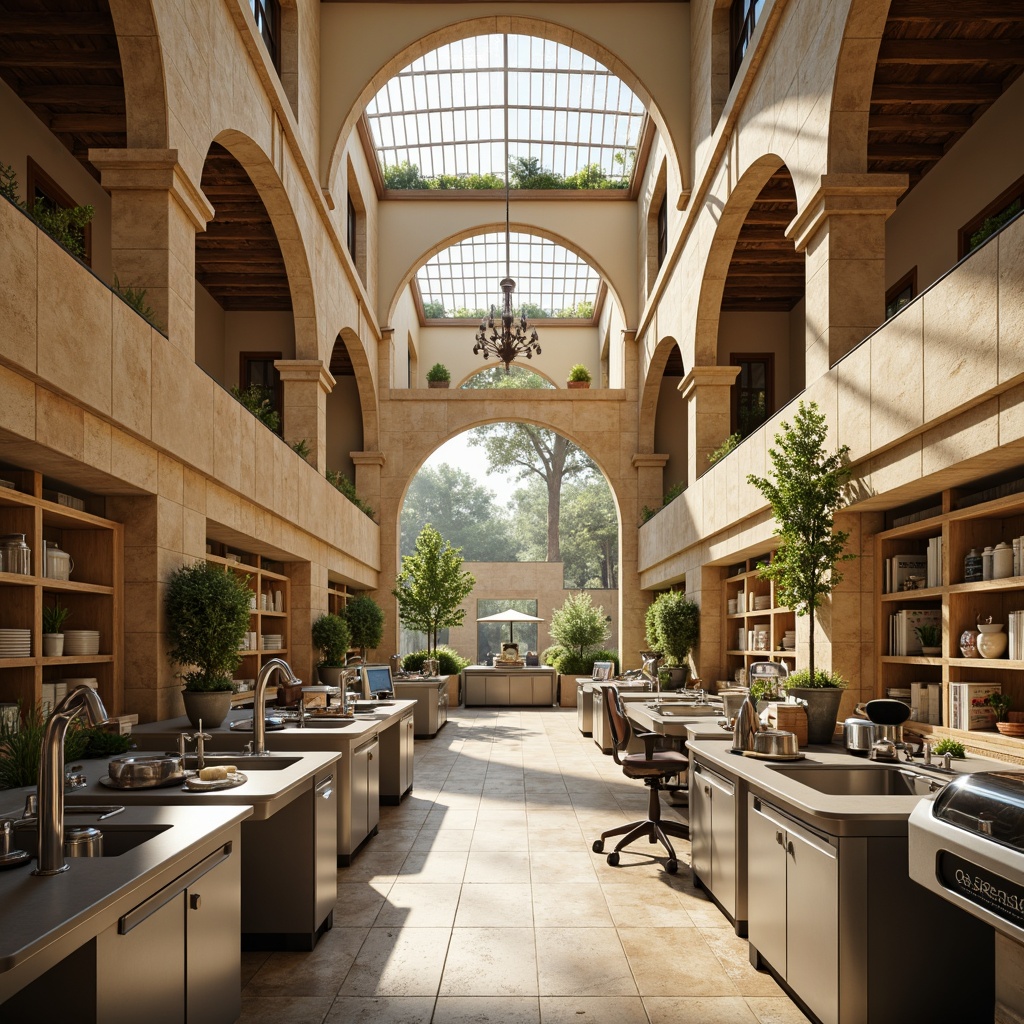 Prompt: Mediterranean-style laboratory building, warm beige stone walls, curved archways, ornate ironwork, wooden accents, natural light-filled corridors, glass ceiling panels, LED lighting installations, modern minimalist fixtures, futuristic lab equipment, sleek metal countertops, polished chrome details, ambient soft glow, high-contrast shading, 1/2 composition, atmospheric misting effects, realistic reflection mapping.