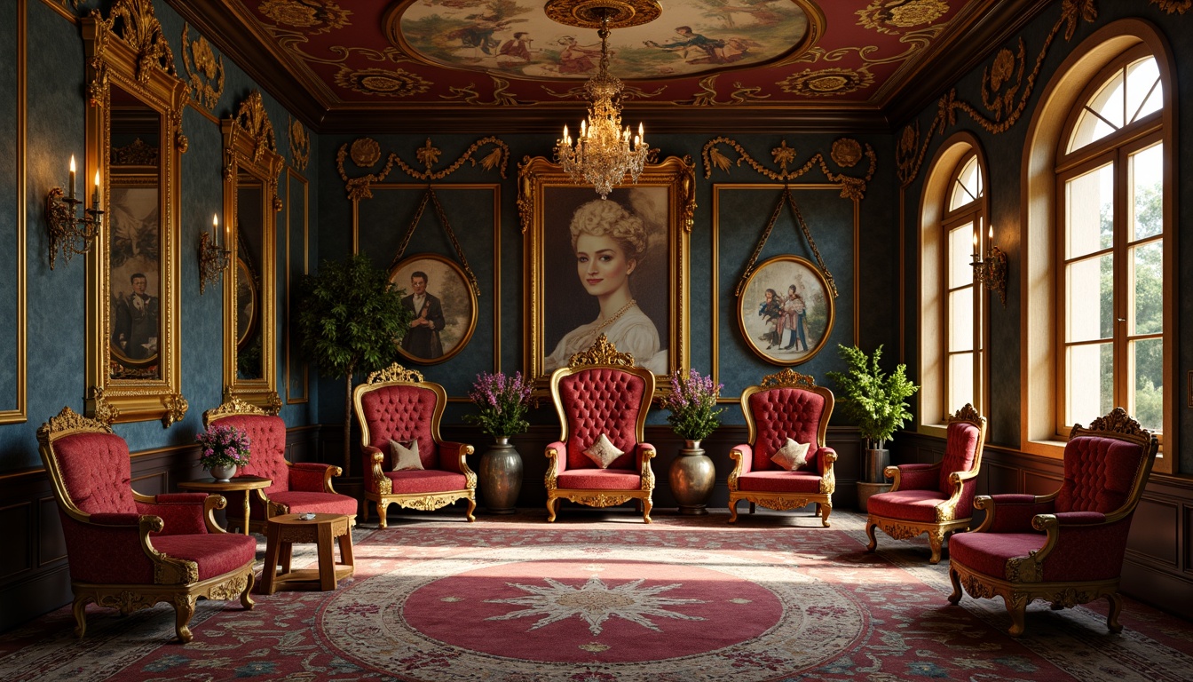 Prompt: Ornate throne chairs, gilded wooden frames, velvet upholstery, carved mahogany legs, intricately patterned rugs, lavish chandeliers, grandiose mirrors, frescoed ceilings, opulent drapery, golden accents, rich jewel tones, luxurious fabrics, curved lines, ornamental details, lavish ornamentation, dramatic lighting, warm atmosphere, 1/1 composition, shallow depth of field, realistic textures.