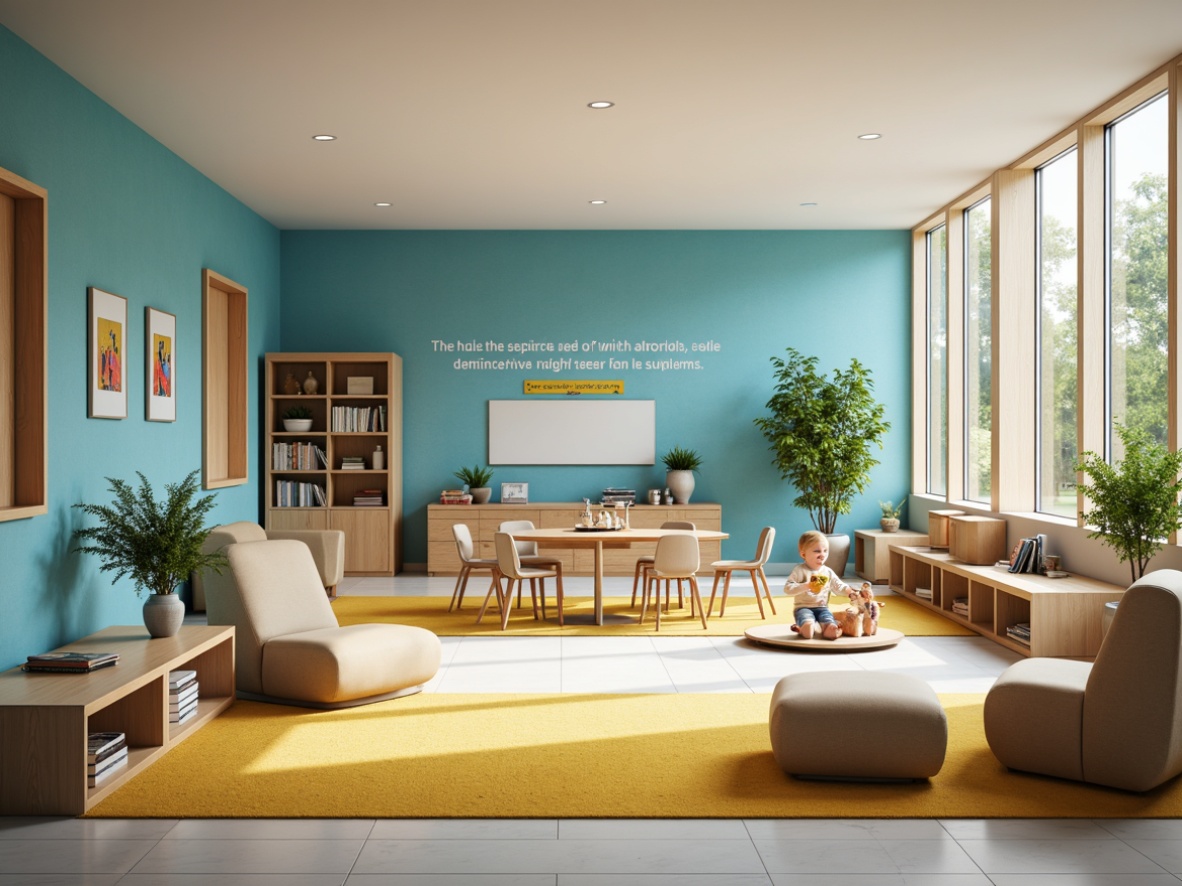 Prompt: Vibrant educational setting, soothing color scheme, calming blue walls, warm beige furniture, natural wood accents, soft pastel shades, gentle greenery, stimulating yellow highlights, inspirational quotes, motivational posters, comfortable seating areas, cozy reading nooks, abundant natural light, subtle texture variations, rounded shapes, minimalist decor, functional layout, organized storage spaces, collaborative workspaces, ergonomic chairs, interactive whiteboards, engaging displays, warm ambient lighting, shallow depth of field, 1/1 composition, realistic textures.