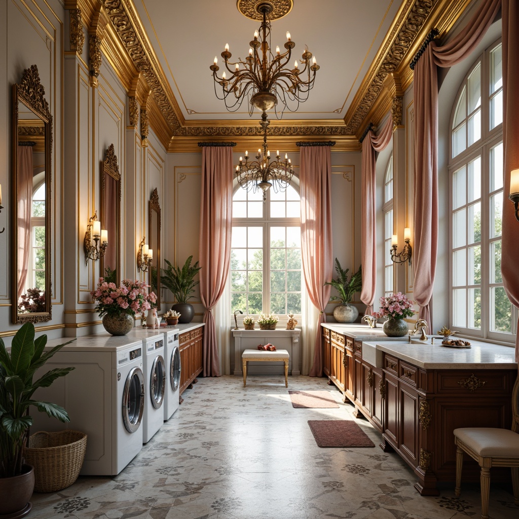 Prompt: Intricate laundry room, ornate gold accents, soft pastel colors, delicate florals, curved rococo lines, elegant chandeliers, marble countertops, velvet drapes, antique furniture, vintage washing machines, distressed wood cabinets, intricate carvings, lavish textiles, warm candlelight, shallow depth of field, 1/1 composition, romantic atmosphere, realistic reflections.