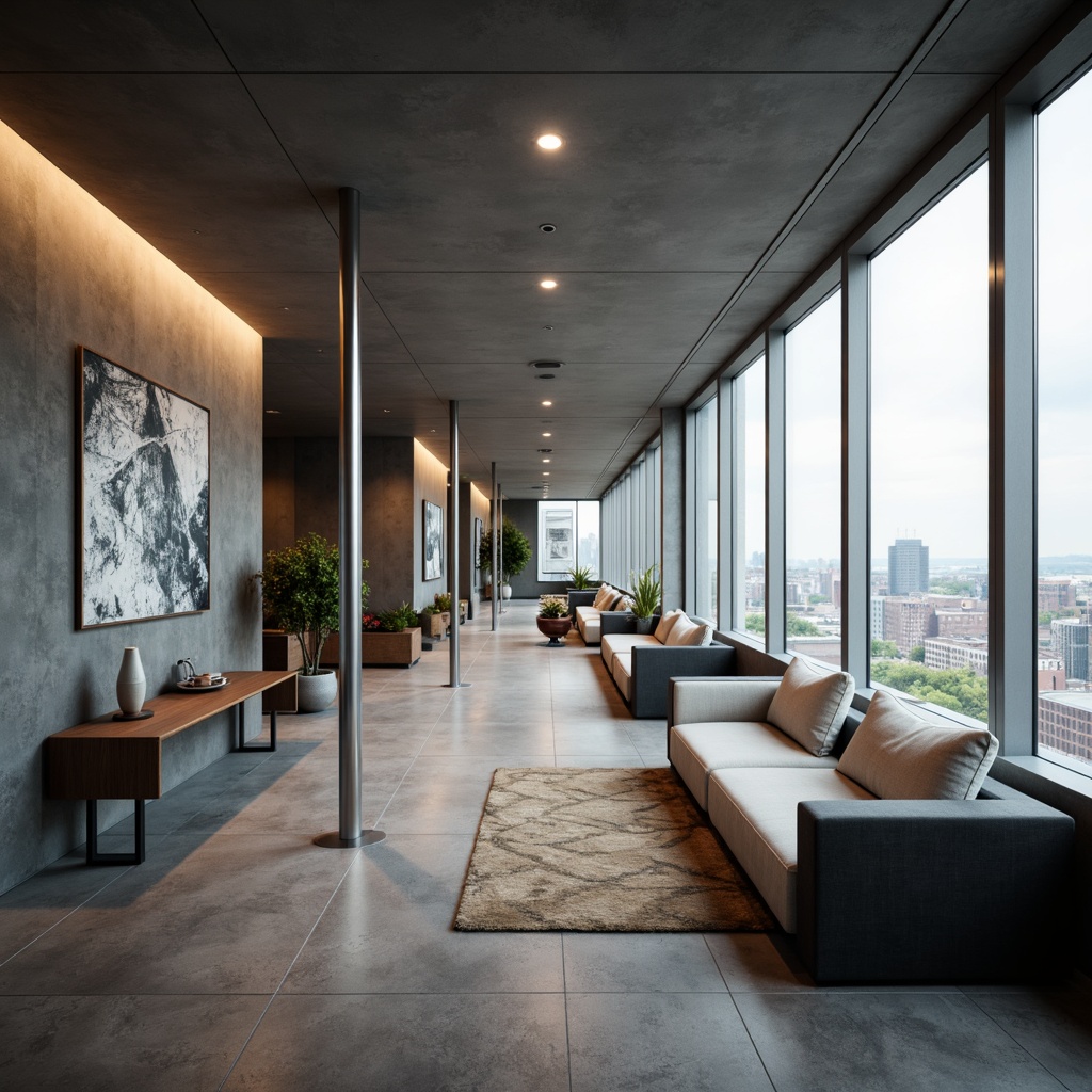 Prompt: Streamlined modern walls, minimalist decor, sleek surfaces, subtle texture treatments, metallic accents, polished chrome fixtures, monochromatic color scheme, floor-to-ceiling windows, panoramic city views, urban landscape, contemporary artwork, geometric patterns, ambient lighting, warm tone illumination, shallow depth of field, 1/1 composition, realistic reflections, detailed normal maps.