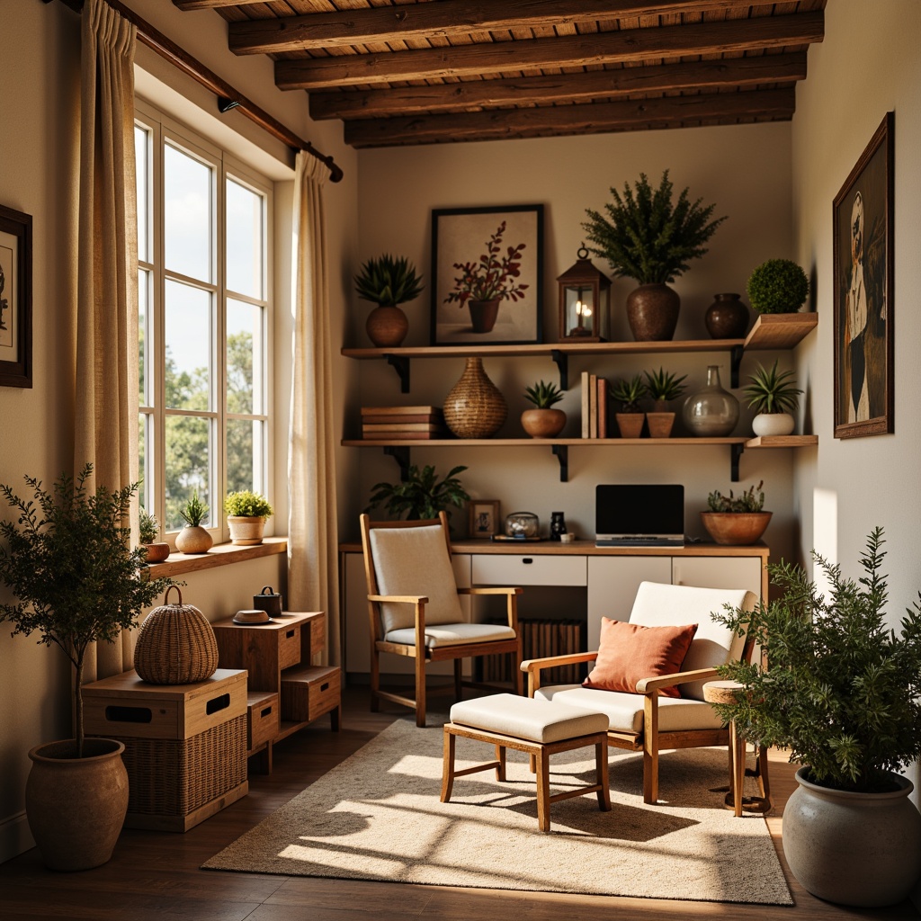 Prompt: Cozy craft room, warm coffee tones, rich brown wood accents, soft beige walls, creamy white furniture, earthy terracotta pots, vintage wooden crates, natural woven baskets, distressed leather armchair, rustic metal lanterns, warm golden lighting, shallow depth of field, 1/1 composition, intimate atmosphere, realistic textures, ambient occlusion.