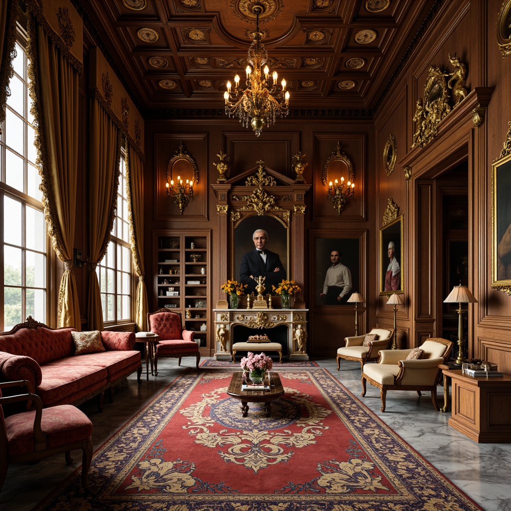 Prompt: Elegant Renaissance-style mansion, ornate wooden furniture, intricately carved details, rich velvet upholstery, golden accents, luxurious drapes, grand chandeliers, high ceilings, marble floors, opulent furnishings, Baroque-inspired patterns, lavish textiles, antique artifacts, warm candlelight, soft focus photography, 1/2 composition, dramatic shadows, realistic wood grain textures.