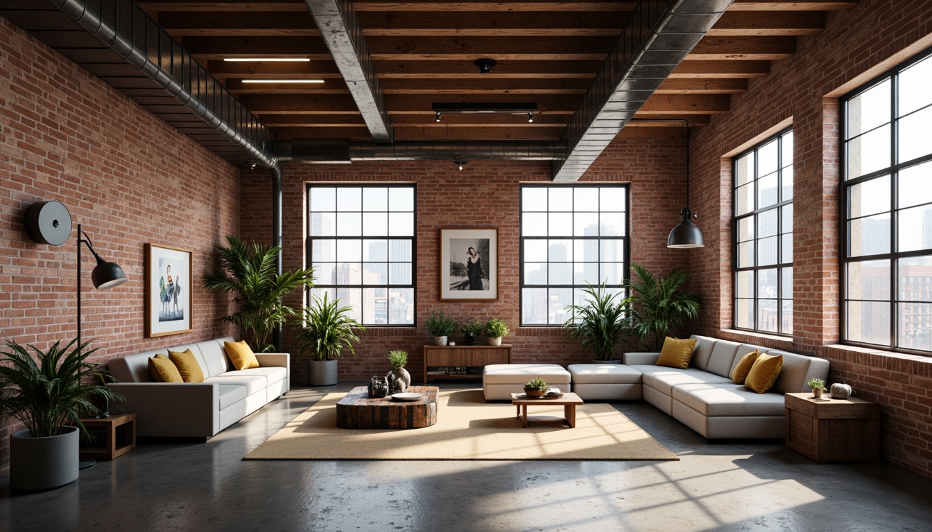 Prompt: Industrial chic loft space, exposed brick walls, high ceilings, wooden beams, metal ductwork, urban cityscape views, floor-to-ceiling windows, natural daylight, warm ambient lighting, pendant lamps, recessed lighting, LED strips, minimalist decor, cozy reading nooks, comfortable sectional sofas, industrial-style coffee tables, modern art pieces, bright color accents, airy atmosphere, shallow depth of field, 1/2 composition, softbox lighting, realistic textures.