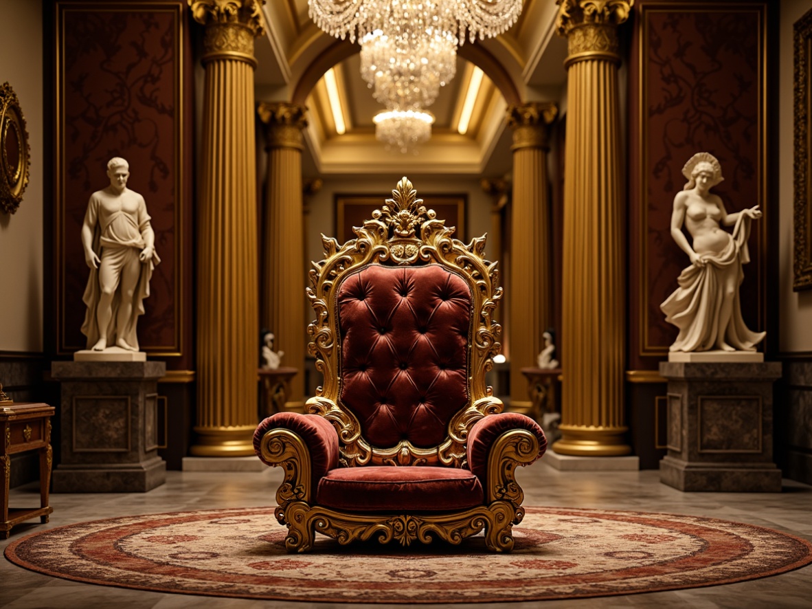 Prompt: Ornate throne-like chair, gilded carvings, rich velvet upholstery, intricately patterned rugs, luxurious golden drapes, heavily ornamented wooden paneling, grandiose crystal chandelier, opulent marble flooring, highly detailed figurative sculptures, lavish curved lines, dramatic lighting effects, deep warm colors, soft focus blur, 1/1 composition, atmospheric perspective, highly realistic textures, subtle ambient occlusion.