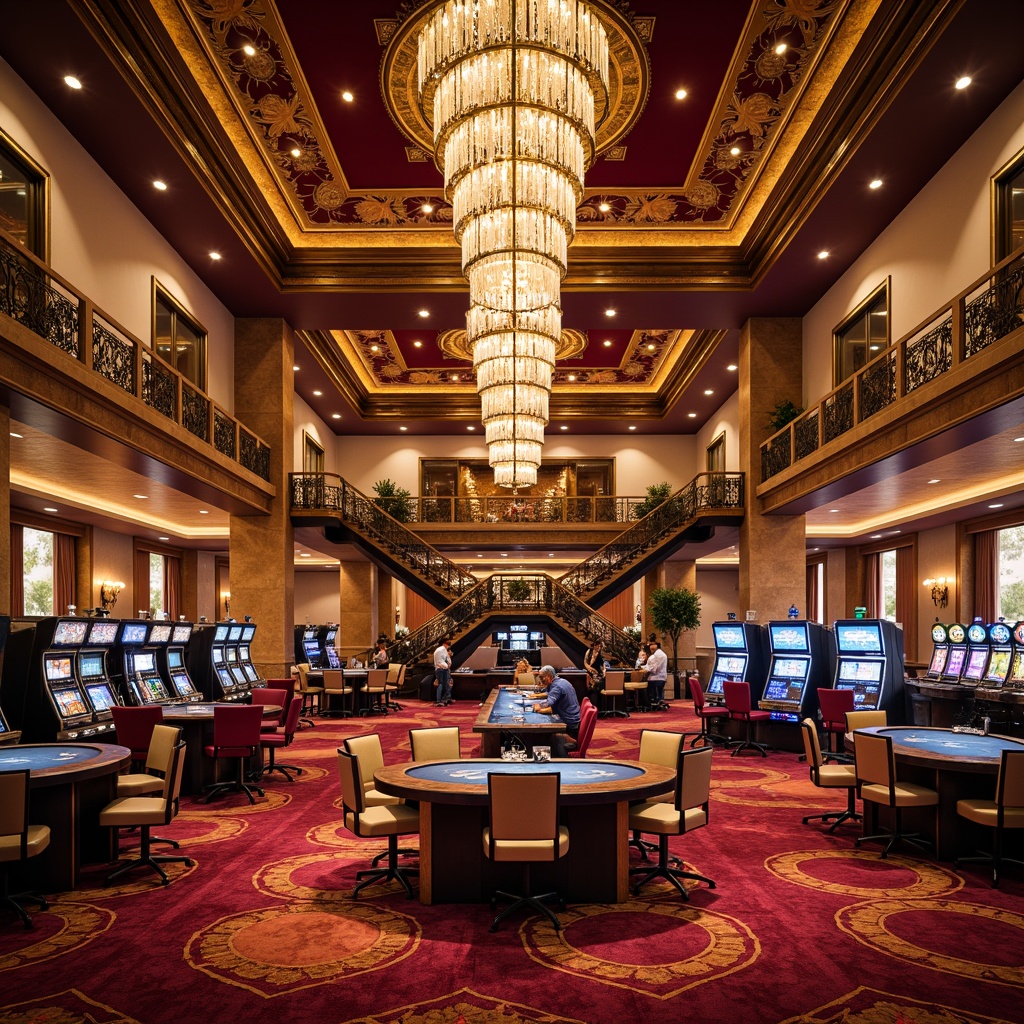 Prompt: Luxurious casino interior, rich velvet fabrics, ornate gold accents, crystal chandeliers, lavish furnishings, opulent carpets, intricate moldings, grand staircases, regal color schemes, ambient warm lighting, subtle smoke effects, 3/4 composition, dramatic high ceilings, ornamental mirrors, elegant archways, luxurious VIP lounges, sophisticated gaming tables, vibrant neon signs, dynamic slot machines, realistic textures, ambient occlusion.