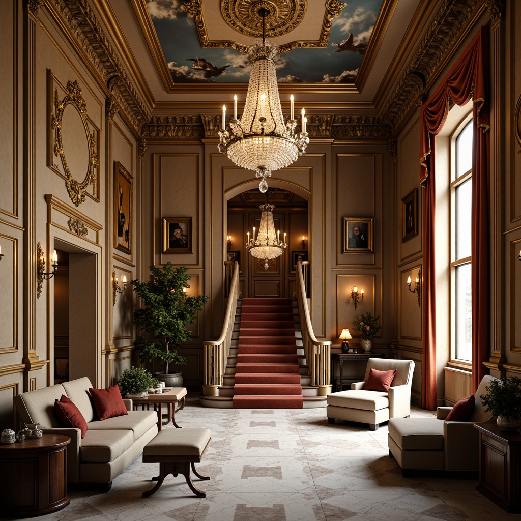 Prompt: Luxurious mansion interior, ornate furnishings, neoclassical style, intricate moldings, gilded frames, crystal chandeliers, marble floors, velvet drapes, grand staircase, Corinthian columns, decorative arches, fresco ceiling, rich wood paneling, antique furniture, elegant upholstery, subtle patterns, warm golden lighting, soft focus, 1/2 composition, shallow depth of field, realistic textures.