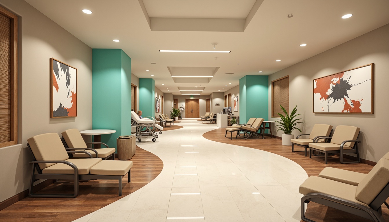 Prompt: Curved hospital corridors, warm beige walls, soft pastel colors, rounded furniture edges, ergonomic chairs, adjustable hospital beds, stainless steel medical equipment, futuristic lighting fixtures, abstract artwork, asymmetrical compositions, bold geometric patterns, vibrant turquoise accents, natural wood tones, comfortable waiting areas, calming ambiance, warm atmospheric lighting, shallow depth of field, 2/3 composition, realistic textures, ambient occlusion.