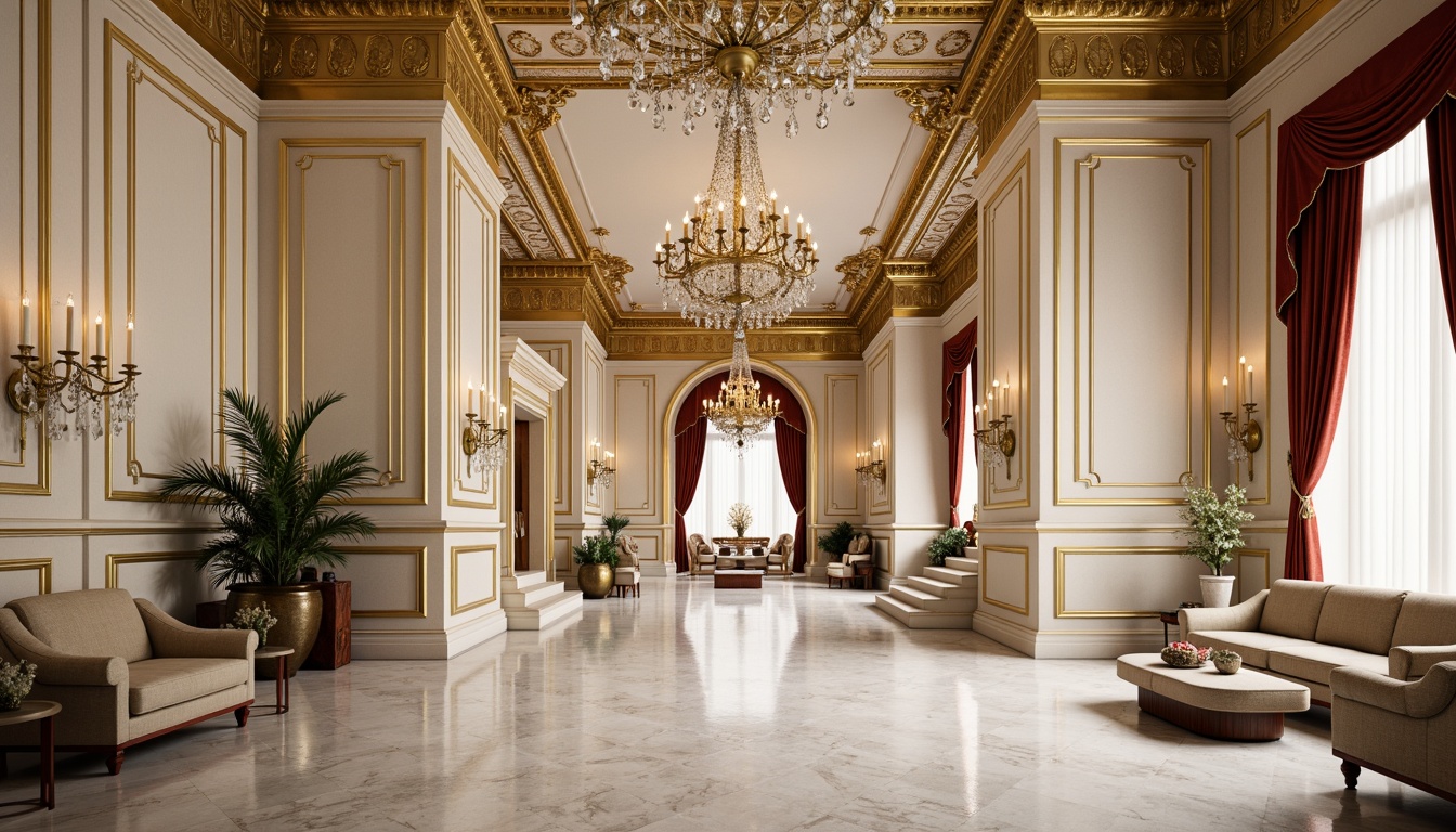 Prompt: Intricate ornate moldings, luxurious gold leafing, creamy white marble, lavish furnishings, opulent chandeliers, grand staircases, sweeping archways, rich velvet drapes, lavish crystal fixtures, refined neoclassical architecture, soft warm lighting, shallow depth of field, 3/4 composition, panoramic view, realistic textures, ambient occlusion.