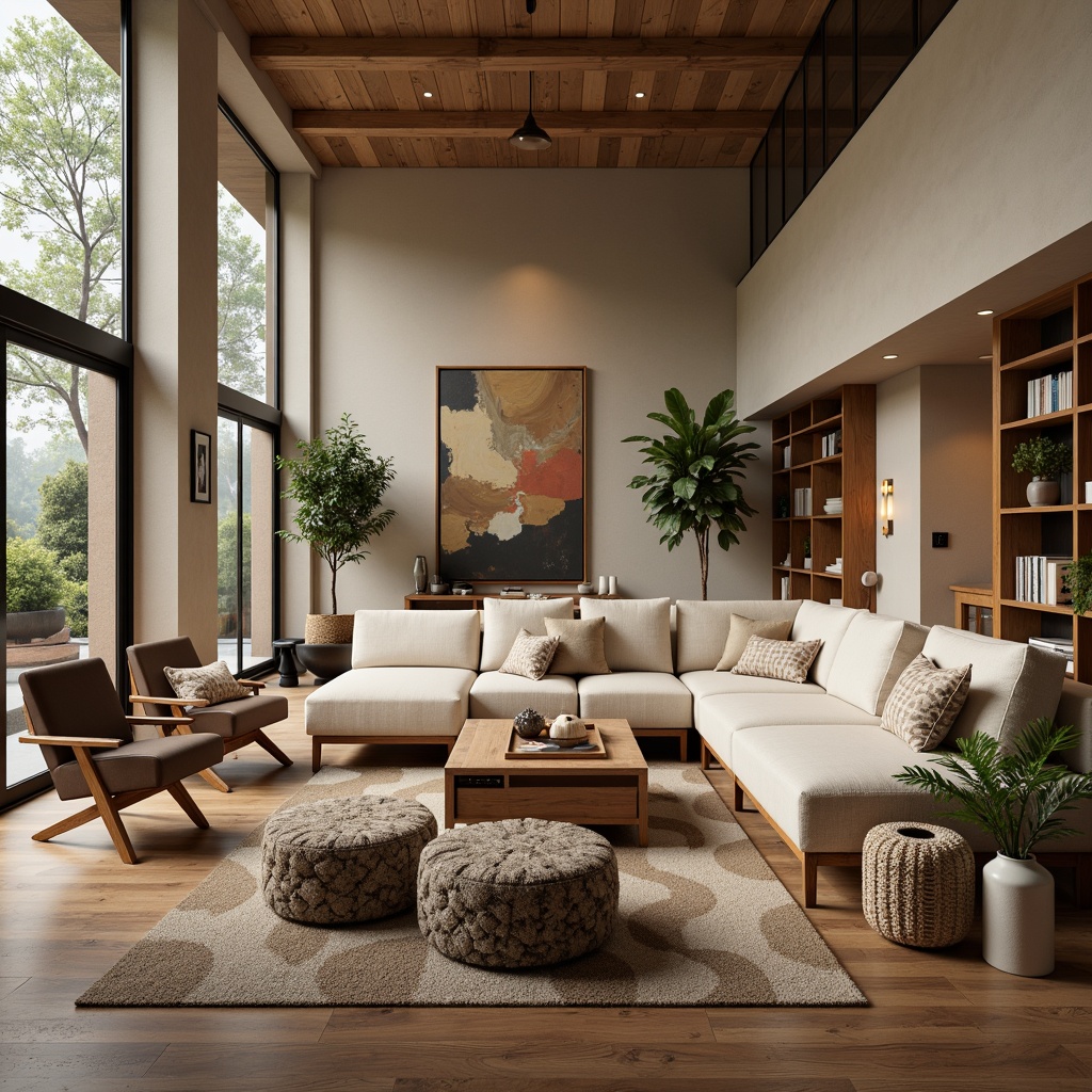 Prompt: Cozy living room, plush sofas, reclaimed wood coffee tables, floor-to-ceiling windows, soft warm lighting, minimalist decor, functional shelving units, ergonomic chairs, modern sectional couches, abstract artwork, geometric-patterned rugs, warm beige walls, comfortable ottomans, stylish side tables, convenient power outlets, inviting atmosphere, 1/1 composition, shallow depth of field, realistic textures, ambient occlusion.