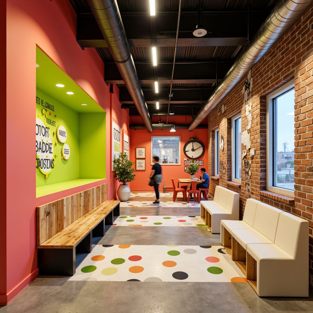 Prompt: Vibrant youth center, energetic atmosphere, bold color scheme, bright coral walls, lime green accents, creamy white furniture, natural wood textures, playful polka dots, whimsical graffiti, urban industrial vibes, exposed brick walls, metal beams, reclaimed wood benches, modern LED lighting, warm cozy nooks, comfortable seating areas, inspirational quotes, motivational posters, dynamic geometric patterns, youthful energy, lively atmosphere, shallow depth of field, 1/1 composition, soft focus, warm color grading.