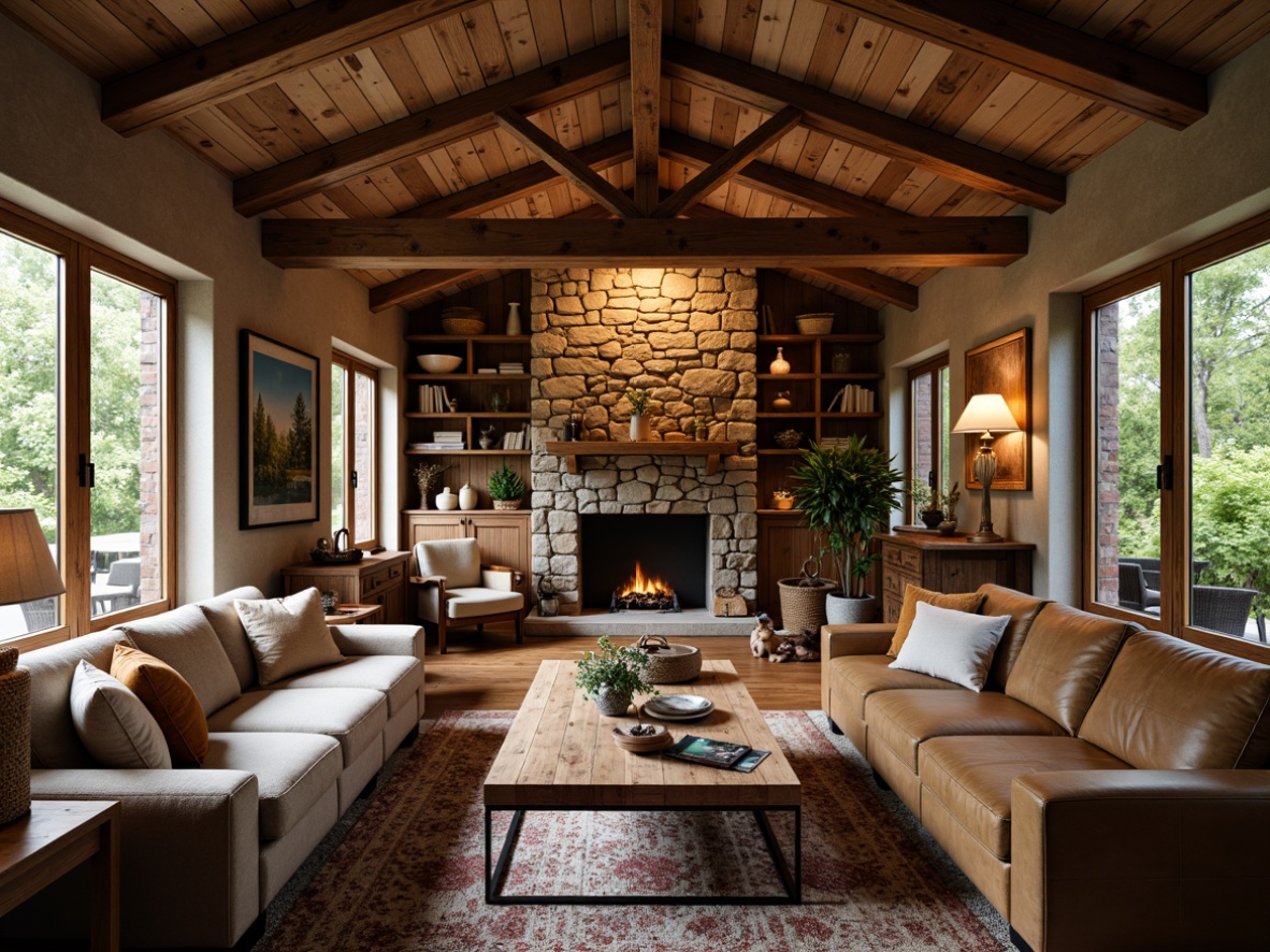 Prompt: Rustic cabin, wooden accents, earthy tones, natural stone walls, vintage decor, distressed wood furniture, plush textiles, warm lighting, cozy atmosphere, rustic metal fixtures, reclaimed wood tables, leather upholstery, woven baskets, nature-inspired artwork, soft color palette, inviting ambiance, shallow depth of field, 3/4 composition, panoramic view.