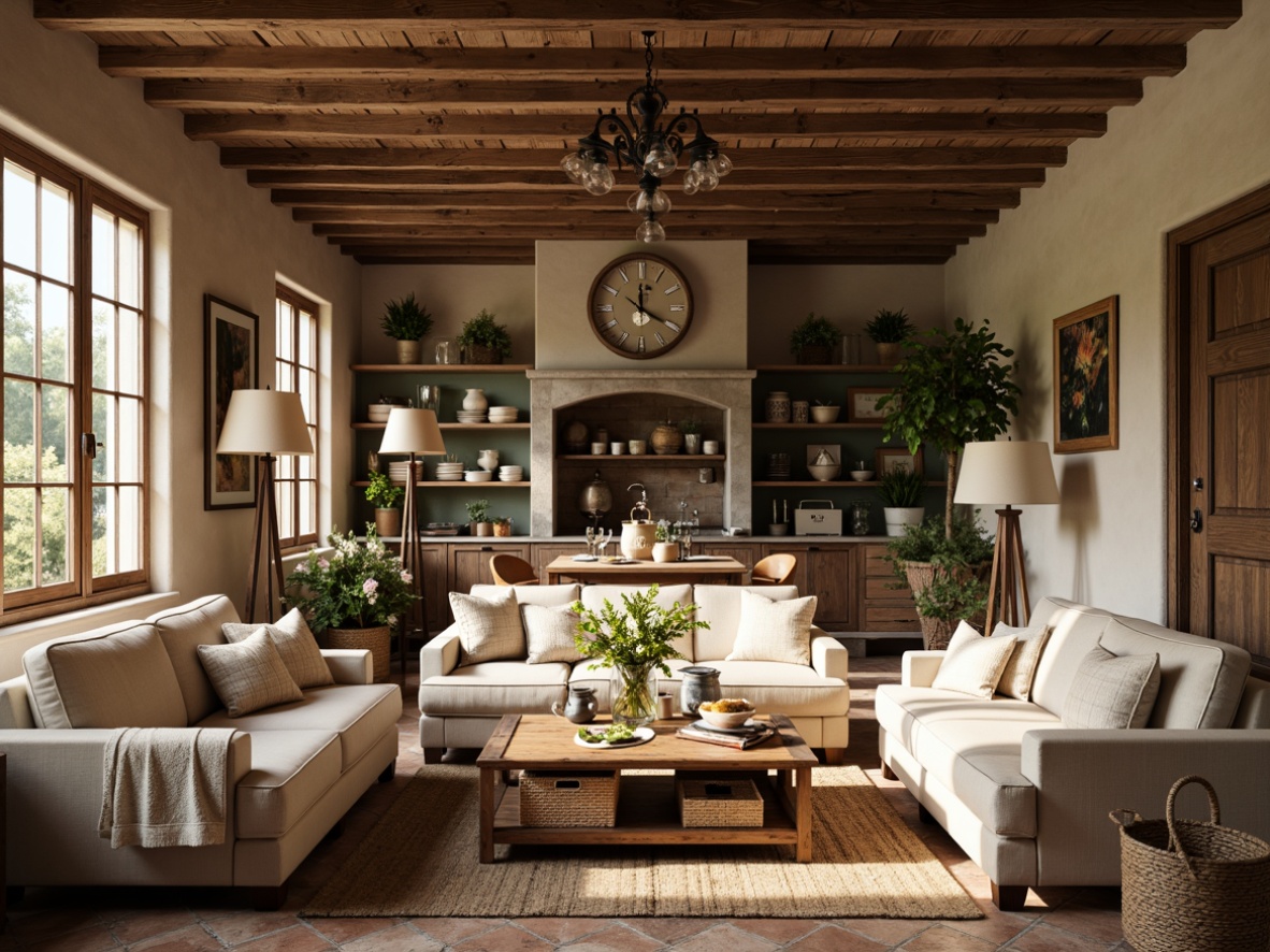 Prompt: Rustic farmhouse, vintage decor, distressed wood furniture, natural textures, earthy color palette, comfortable sofas, plush armchairs, wooden coffee tables, woven baskets, antique metal lanterns, soft candlelight, warm beige walls, exposed brick floors, cozy throw blankets, nature-inspired patterns, floral accents, traditional kitchen cabinets, ceramic vases, decorative ceramics, ornate mirrors, classic window frames, sunny afternoon light, shallow depth of field, 1/1 composition, realistic wood grain textures.