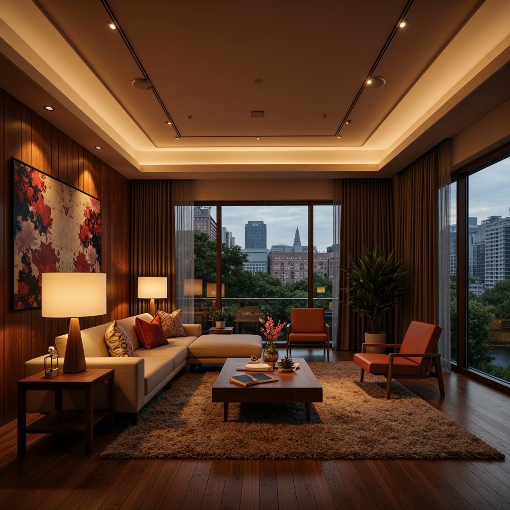 Prompt: Warm cozy living room, soft warm lighting, table lamps, floor lamps, LED strips, ambient glow, dimmable fixtures, minimalist ceiling fixtures, natural materials, wood accents, comfortable seating, plush area rug, abstract artwork, large windows, urban city view, 1/1 composition, shallow depth of field, realistic textures.