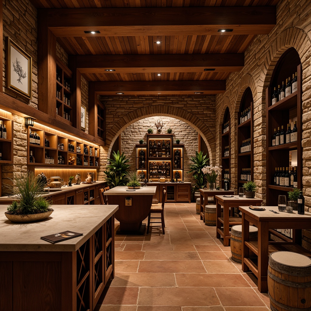 Prompt: Luxurious wine cellar, rich wood tones, stone walls, dim warm lighting, rustic brick archways, wooden barrel accents, vintage wine crates, elegant metal racks, sophisticated glass enclosures, earthy terracotta floors, natural stone countertops, cozy nooks, intimate seating areas, soft golden lighting, shallow depth of field, 2/3 composition, realistic wood textures, ambient occlusion.