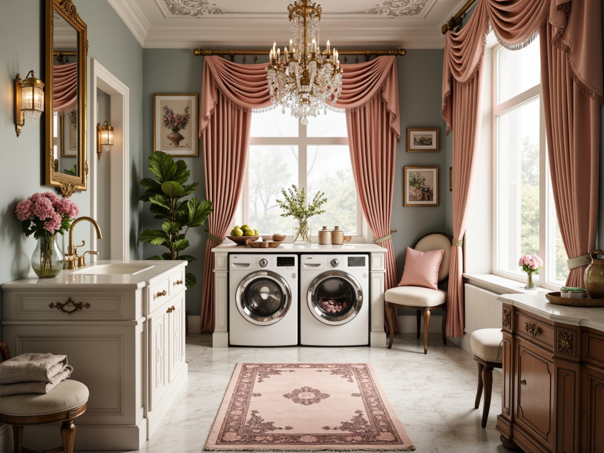 Prompt: Intricate laundry room, ornate gold fixtures, soft pastel hues, delicate florals, curved rococo lines, luxurious marble countertops, velvet drapes, crystal chandeliers, intricate carvings, plush area rugs, antique furniture pieces, lavish textiles, golden accents, warm soft lighting, shallow depth of field, 1/1 composition, realistic reflections, ambient occlusion.