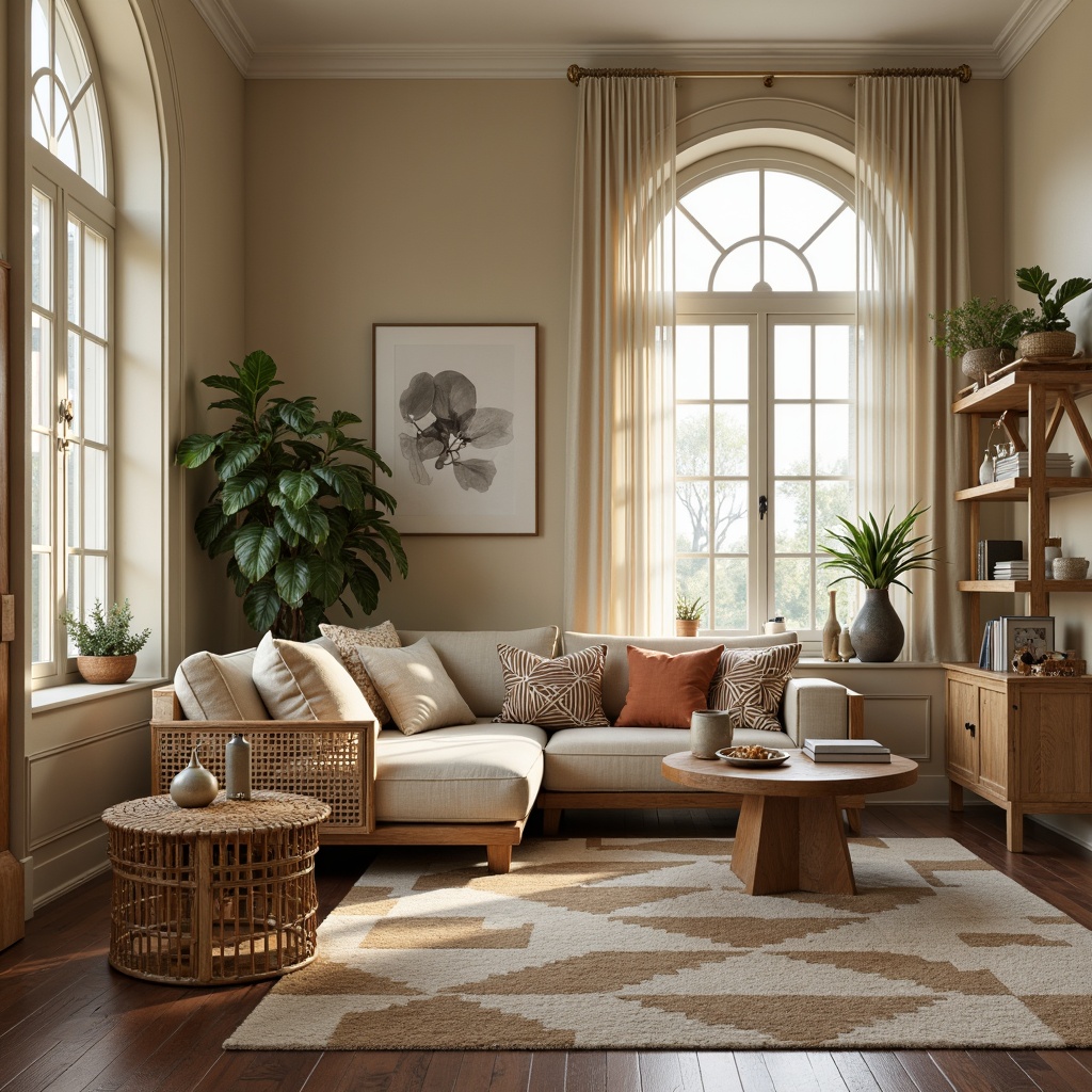 Prompt: Mid-century modern living room, geometric patterned rug, natural fiber textiles, woven wicker furniture, wooden accents, organic shapes, earthy color palette, subtle texture contrast, soft warm lighting, shallow depth of field, 1/1 composition, realistic wood grains, ambient occlusion, retro-inspired decor, vintage accessories, minimalist approach, functional simplicity.