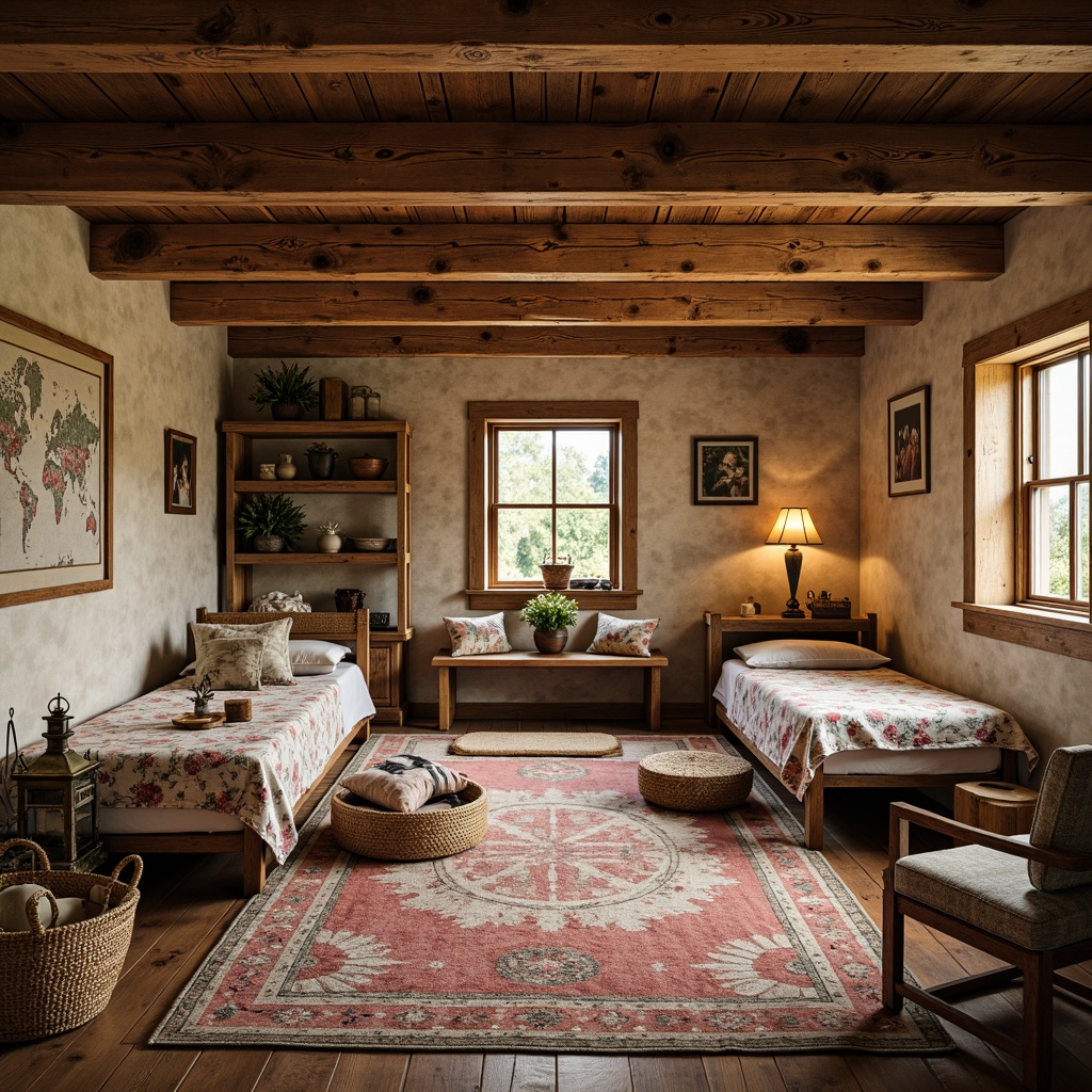 Prompt: Cozy farmhouse-style dormitory, rustic wooden beams, natural stone walls, plush area rugs, vintage metal lanterns, distressed wood furniture, soft warm lighting, comfortable bedding, woven baskets, natural fabrics, earthy color palette, floral patterns, traditional quilts, cozy reading nooks, warm neutral tones, layered textiles, inviting atmosphere, 1/1 composition, intimate camera angle, soft focus, warm color grading.