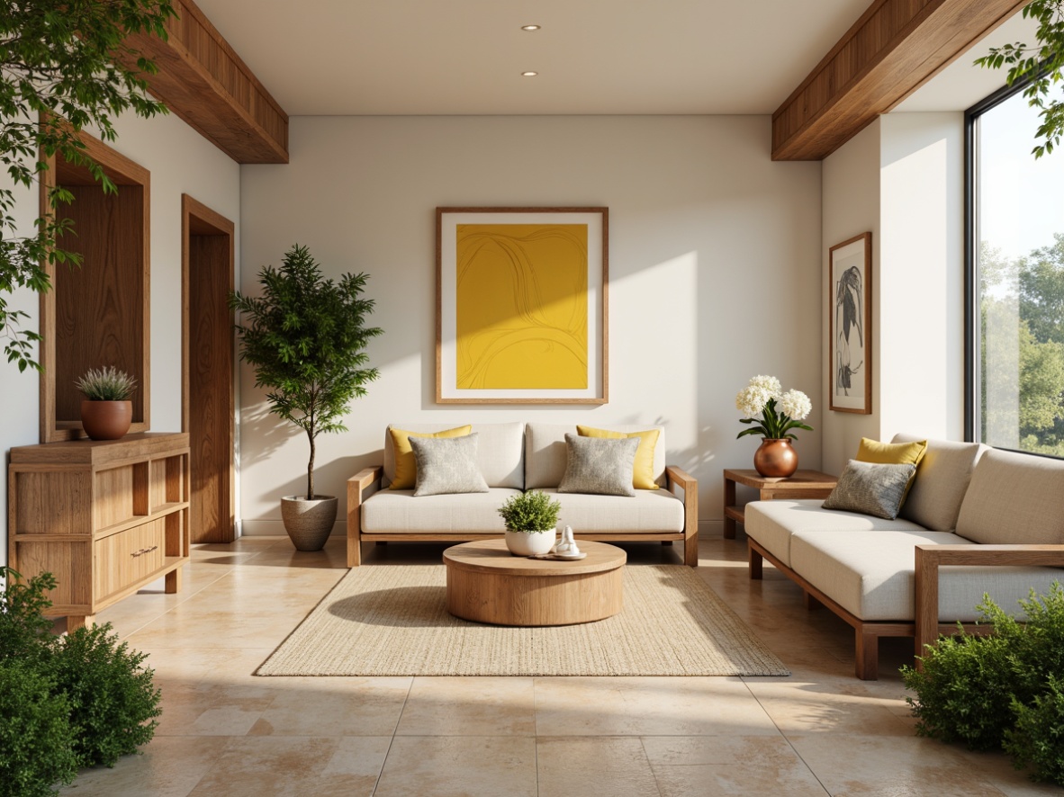 Prompt: Soft cream walls, warm beige furniture, rich wood accents, lush greenery, natural stone floors, calming blue undertones, earthy terracotta pots, vibrant yellow artwork, cozy textiles, ambient lighting, 1/1 composition, shallow depth of field, realistic renderings, subtle gradient effects.