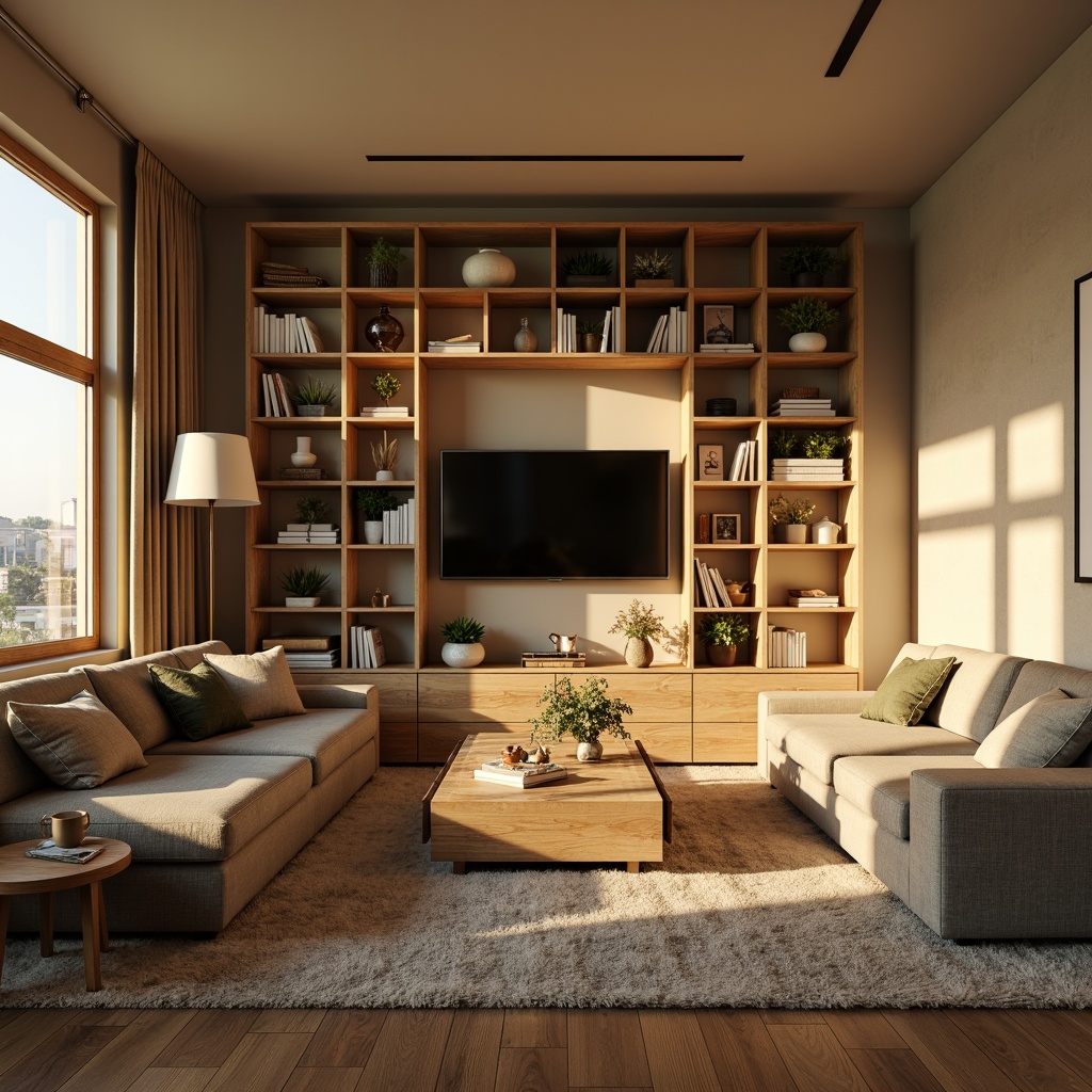 Prompt: Cozy living room, plush sofas, wooden coffee tables, floor lamps, soft cushions, warm beige walls, modern minimalist decor, functional shelving units, ergonomic chairs, sleek TV stands, comfortable reading nooks, natural light pouring in, 1/1 composition, shallow depth of field, warm golden lighting, realistic textures, ambient occlusion.