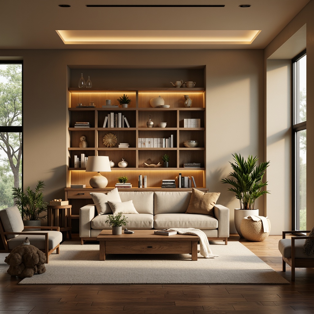 Prompt: Cozy living room, plush sofa, wooden coffee table, floor lamps, soft cushions, warm beige walls, large windows, natural light, minimal decor, functional shelving units, modern minimalist chairs, rustic wooden accents, soft area rug, ambient warm lighting, 1/1 composition, realistic textures, shallow depth of field.