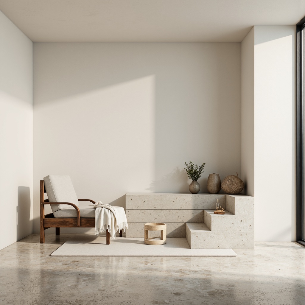 Prompt: Minimalist interior, creamy white walls, polished concrete floors, sleek wooden furniture, subtle texture contrasts, soft diffused lighting, natural stone accents, matte black metal frames, simplicity-inspired decor, calm atmosphere, empty space, monochromatic color scheme, 1/1 composition, shallow depth of field, realistic surface textures, ambient occlusion.