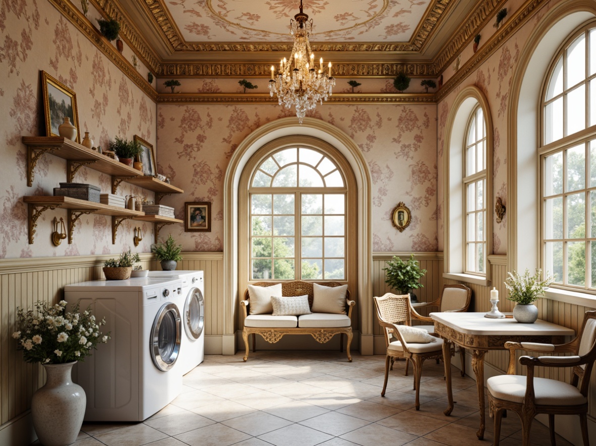 Prompt: Intricate laundry room, ornate golden fixtures, soft pastel colors, delicate floral patterns, curved Rococo-inspired arches, luxurious velvet fabrics, richly textured wallpapers, ornamental molding details, sparkling crystal chandeliers, elegant porcelain vases, intricately carved wooden furniture, warm softbox lighting, shallow depth of field, 1/1 composition, realistic textures, ambient occlusion.