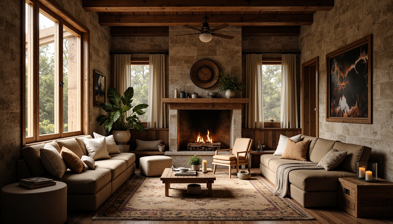 Prompt: Rustic wooden accents, distressed finishes, earthy color palette, natural stone walls, rough-hewn beams, vintage metal decor, woven textiles, chunky throw blankets, plush area rugs, reclaimed wood furniture, candlelit ambiance, warm golden lighting, shallow depth of field, 1/2 composition, soft focus effect, realistic textures, ambient occlusion.