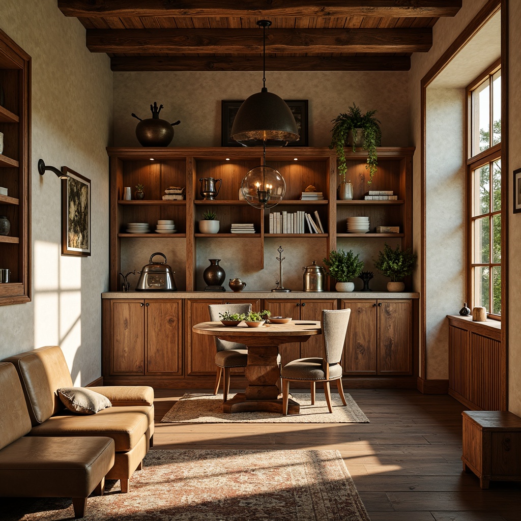 Prompt: Warm earthy tones, rich wood accents, natural stone textures, vintage metal fixtures, cozy cabinetry, warm beige walls, soft sage greenery, distressed leather upholstery, rustic wooden floors, classic traditional furnishings, ornate decorative trims, warm golden lighting, soft diffused shadows, 1/1 composition, realistic renderings, ambient occlusion.