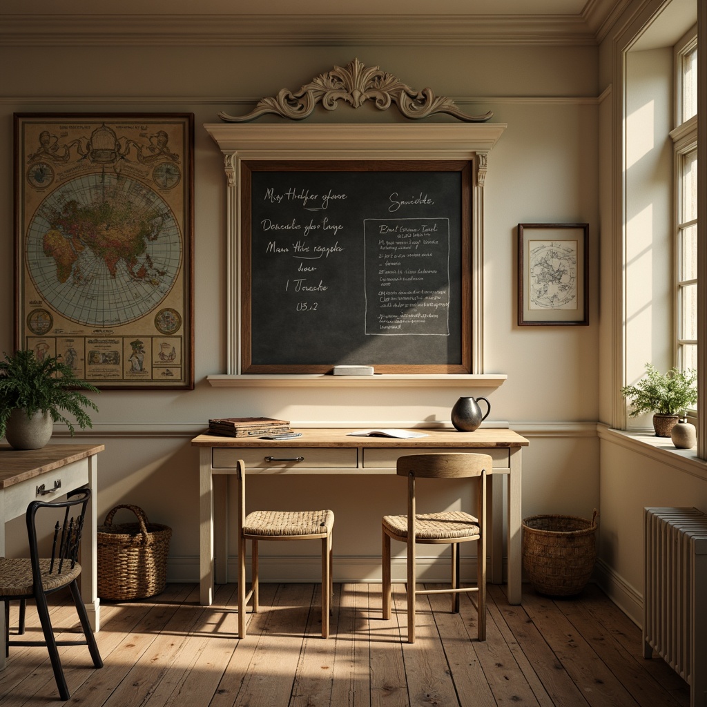 Prompt: Rustic wooden desks, distressed finishes, soft cream colors, elegant curved legs, vintage metal chairs, woven wicker baskets, natural linen upholstery, antique-inspired hardware, warm beige tones, classic educational maps, traditional blackboards, ornate wooden trim, carved wooden accents, soft warm lighting, cozy atmosphere, 1/1 composition, shallow depth of field, realistic textures.